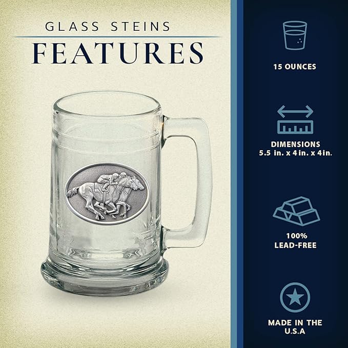 Heritage Pewter By a Nose Beer Stein Glass | 15 Ounce German-Style Beer Glass | Intricately Crafted Metal Pewter Alma Mater Inlay