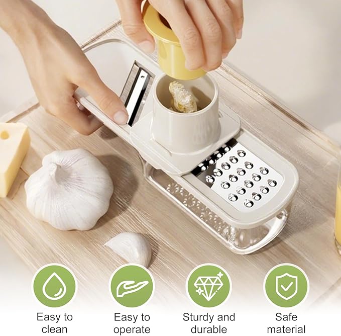 Multifunctional Garlic Grinder & Mandoline Slicer,2025 New Mini Ginger Garlic Grinding Planer Chopper Hand Press Vegetable Mandoline Cutter Tool with Container (Creamy/2PCS)