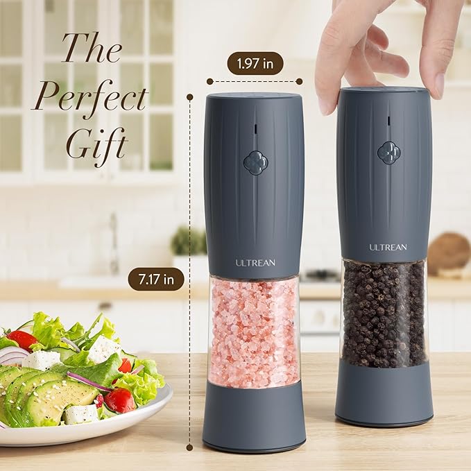 Ultrean Electric Salt and Pepper Grinder Set, Rechargeable Salt and Pepper Shakers, 6 Adjustable Coarseness, LED Light, Kitchen Gadget & Christmas Gifts, Blue-Grey