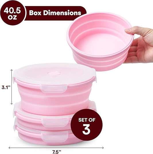 Vdomus Collapsible Food Storage Containers - Leak Proof, Microwave Safe - 40.5oz/1.2L Airtight Silicone Food Containers - Meal Prep Collapsible Bowls with Lids - Set of 3 - Pink