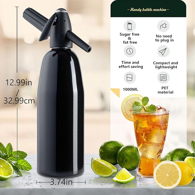 Soda Siphon, 1L Portable Soda Maker Carbonated Water Maker Machine, with Ice Cube Mold, Sparkling Water Maker for Homemade Soda Water, Cocktails, DIY Sparkling Drinks, (Not Included CO2 Cartridges)