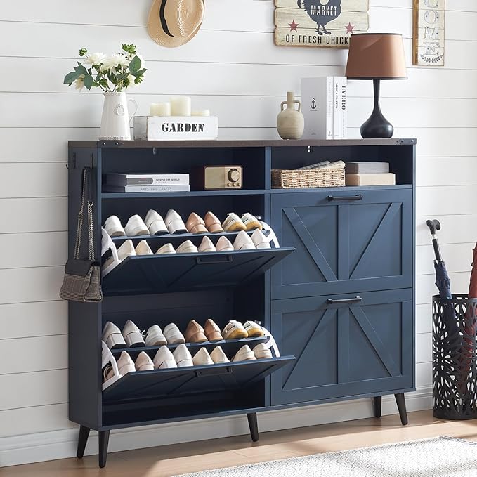 Shoe Storage Cabinet,Farmhouse Shoe Organizer with 4 Flip Drawers & Barn Door Design,Freestanding Hidden Slim Narrow Shoe Rack Cabinet with Open Shelves for Entryway,Foyer,Hallway,Navy Blue