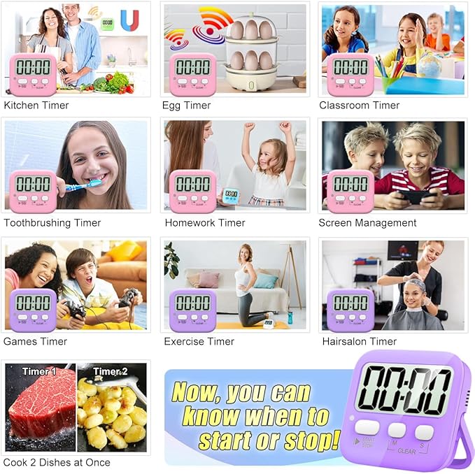 Antonki 2 Pack Digital Timer for Kids, Magnetic Countdown Kitchen Timers for Cooking, Egg, Classroom, Teacher, Exercise, Study, Oven - Battery Included