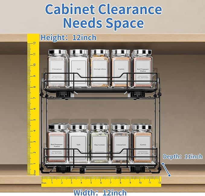 2-Tier Spice Rack Organizer, Pull Out Spice Rack for Cabinet, Height Adjustable Heavy Duty Metal Basket for Inside Cabinet & Pantry (11.5''Wx10.5''Dx9.5''H)