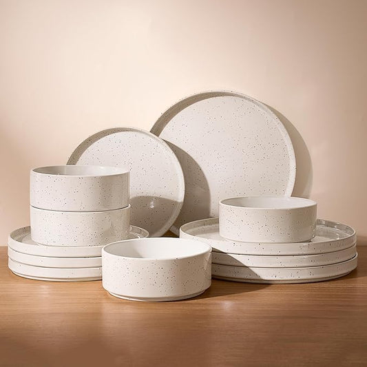 Famiware Nebula Plates and Bowls Sets, 12 Pieces Dinnerware Sets, Dishes Set for 4, Creamy White with Colorful Speckles