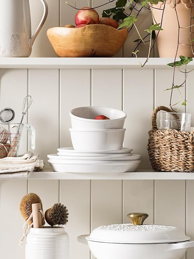 LE TAUCI Dishes Set for 4, Stoneware Plates and Bowls Set, Farmhouse Ceramic Dinnerware, Microwave & Dishwasher Safe, Stackable,12-Piece, White (10" Dinner+8" Salad Plates+6" Bowls)