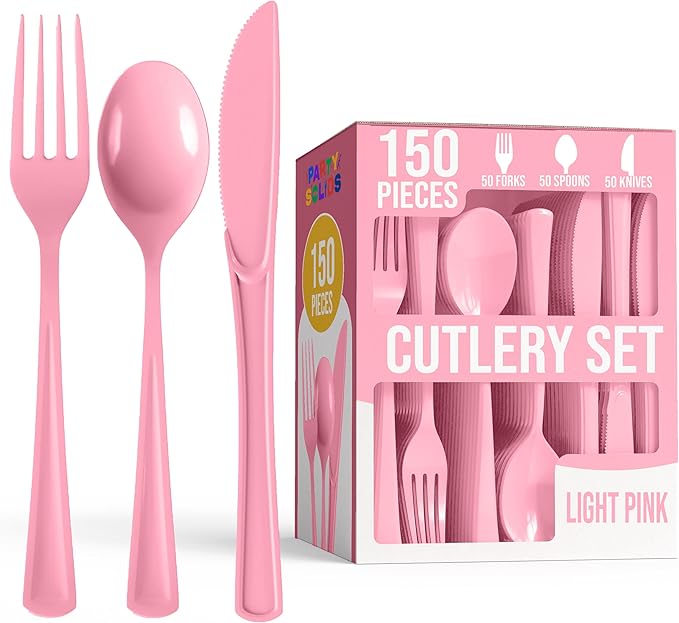 Party Solids Pink Plastic Silverware Heavy Duty 150 Pieces Pink Disposable Silverware Heavy Duty, Utensil Sets, 50 Of Each Forks, Knives & Spoons Disposable Cutlery Set For Party Supplies