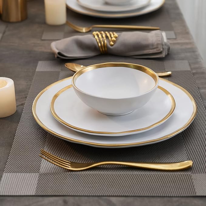 White Luxury Plates and Bowls Sets, 12 Piece Porcelain Dinnerware Sets Service for 4, Modern Dinner Plates Set, Gold Rim Dish Set for Wedding Anniversary Birthday