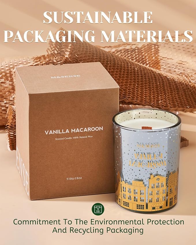 M&SENSE Vanilla Macaroon Wooden Wick Christmas Candle, Large 18oz 100 Hours Long Lasting Burn Time, Natural Soy Wax Non Toxic, Perfect Jar Candle Gifts for Holiday Birthday Celebration
