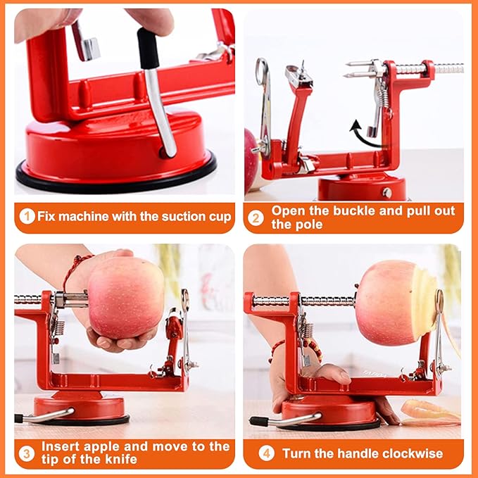 Apple Peeler Corer, Long lasting Chrome Cast Magnesium Alloy Apple Peeler Slicer Corer with Stainless Steel Blades and Powerful Suction Base for Apples and Potatoes(Red)