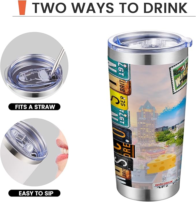 20oz Insulated Tumbler Wisconsin State Coffee Mug, United States Map Travel Mug Landmark, Birthday Gifts Cute Custom Tumbler Cups with Lid and Straw Gifts for Mom