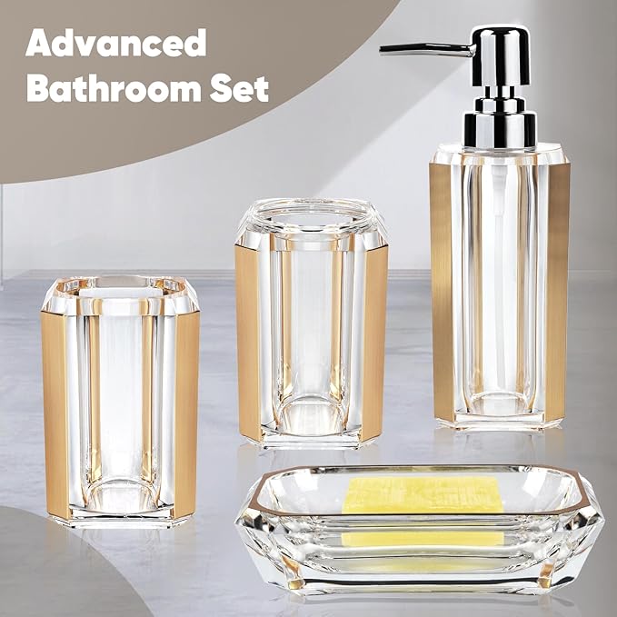 4 Piece Premium Acrylic Bathroom Accessory Set, Hand Sanitizer Bottle, Lotion Can Bathroom Suit, Separate Bottle Soap Box, Mouthwash Cup, Toothbrush Cup(Brushed Gold)
