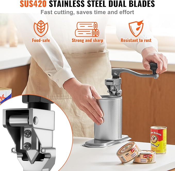 VEVOR Commercial Can Opener, Heavy-Duty Manual Tabletop Cans Opener for Cans Up to 15.75 in Height, Height-Adjustable Can Openers Fixed with Screws & Table Clamp, for Restaurant, Hotel, and Food Store