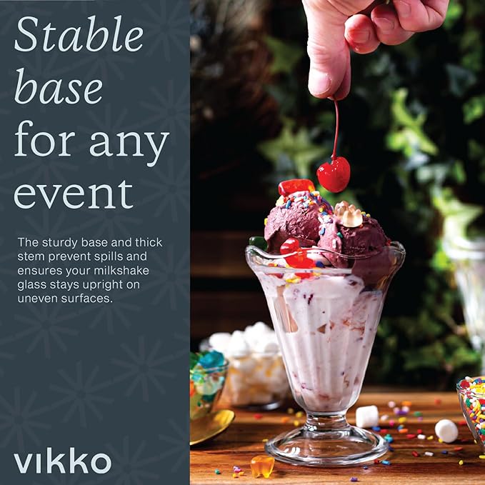 Vikko Glass Dessert Cups, Set of 12 Footed Ice Cream Bowls, 7.5 Ounce Milkshake Glasses, Thick and Durable Parfait Sundae Cups