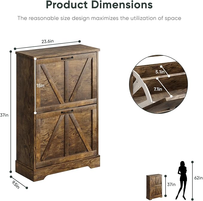 Shoe Cabinet, Shoe Storage Cabinet for Entryway with 2 Flip Drawers, Narrow Farmhouse Shoe Organizer Cabinet, Slim Shoe Rack Cabinet, 23.6in Rustic Brown