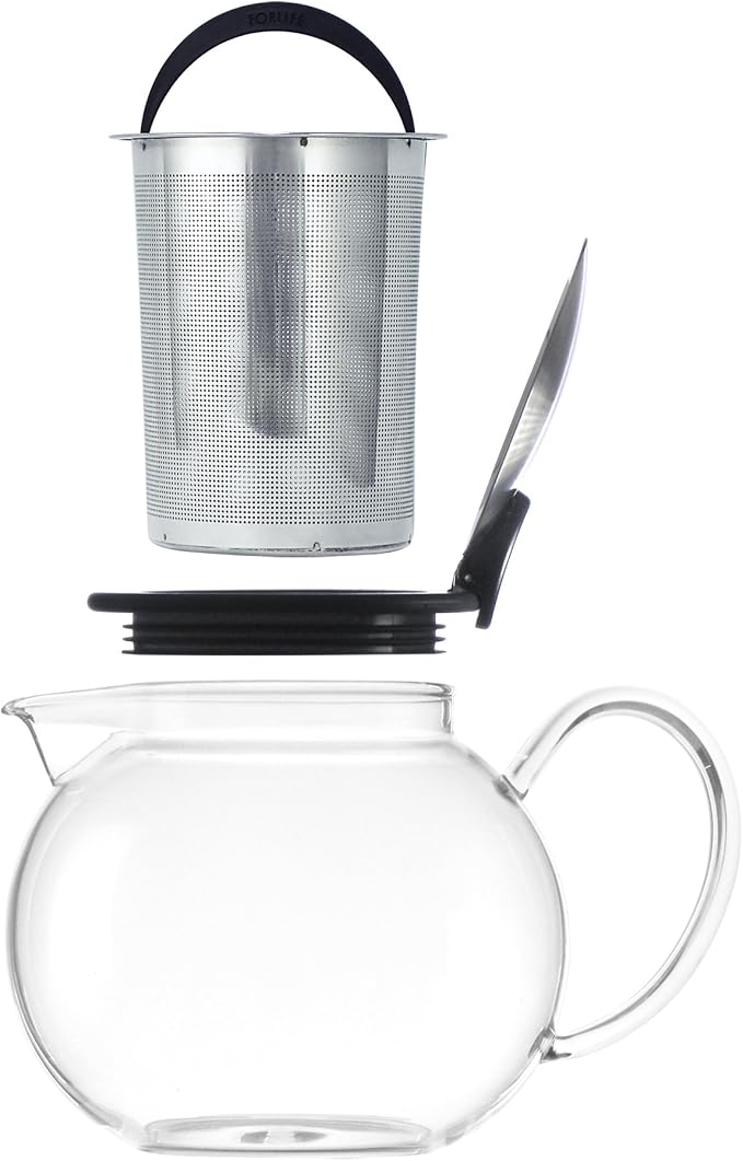 FORLIFE Bola Glass Teapot with Basket Infuser, 25oz./750ml., Red
