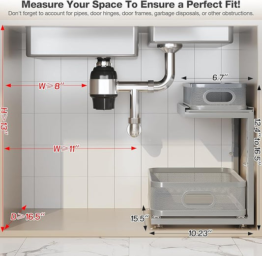 1 Pack 15.5IN-Depth Under Sink Organizer With Next-Gen Ball-Bearing Slides,2-Tier Precision Mesh Pull Out Cabinet Storage for Bathroom&Kitchen,Height Adjustable Drawers Shelf,Anti-rust-Grey