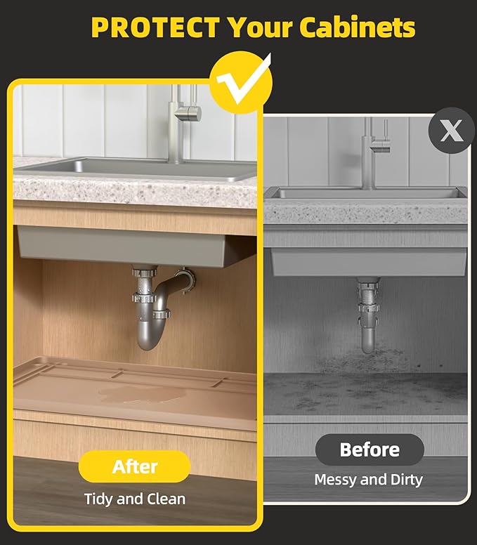 Under Sink Mats for Kitchen Waterproof, Cut to Fit Under Sink Drip Tray for Kitchen Bathroom Cabinets, Silicone Under-Cabinet Hold Up to 3.3 Gallons Liquid, 34" X 22" Or Smaller -Khaki