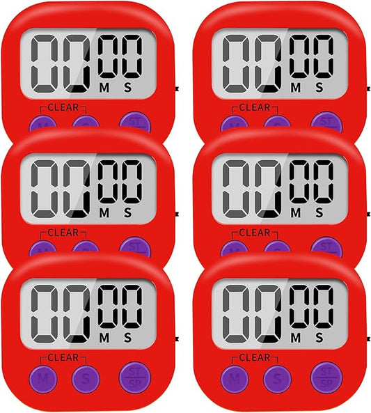 6 Pack Small Digital Kitchen Timer Magnetic Back and ON/Off Switch,Minute Second Count Up Countdown (Red)