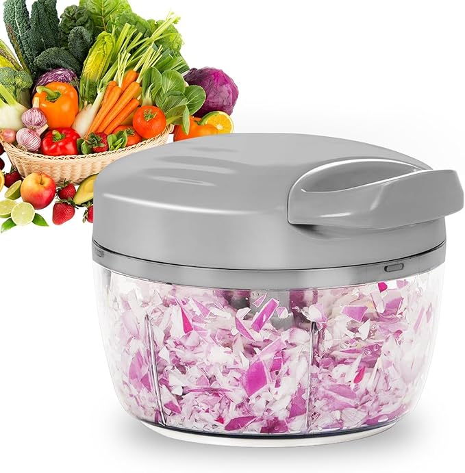 Manual Food Processor Vegetable Chopper 2.3 Cup Small Mini Hand Pull String Onion Chopper Garlic Mincer Cutter with 3 Stainless Steel Blades (Grey, 550 ml)