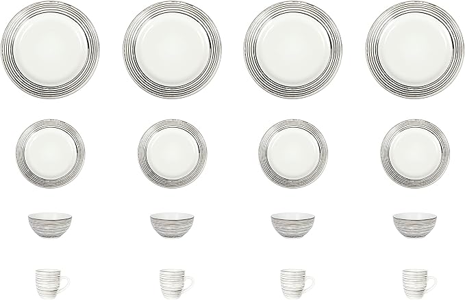 16 Piece Dinnerware Set, Ceramic Plates and Bowls Sets for 4, Microwave and Dishwasher Safe, Handcrafted Tree Bark Series Dish Set, White Birch