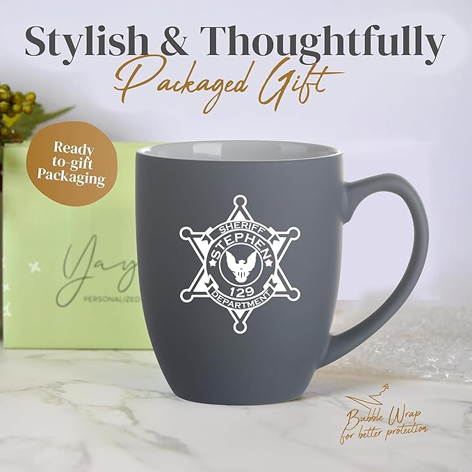 Personalized Coffee Mug with Sheriff Badge for Law Enforcement, Custom Name and Number, 16oz Engraved Coffee Cup, Custom Sheriff Gift For Men Dad Father's Day PD Police Officer