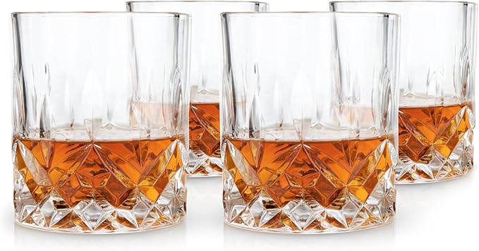 Viski Admiral Crystal Whiskey Tumbler Set, Classic Lowball Cocktail Glasses, Crystal Clear Drinking Glasses for Bourbon, Scotch, Spirits, Neat Pours, Gifts for Men, Home Bar, 10 oz, Set of 4