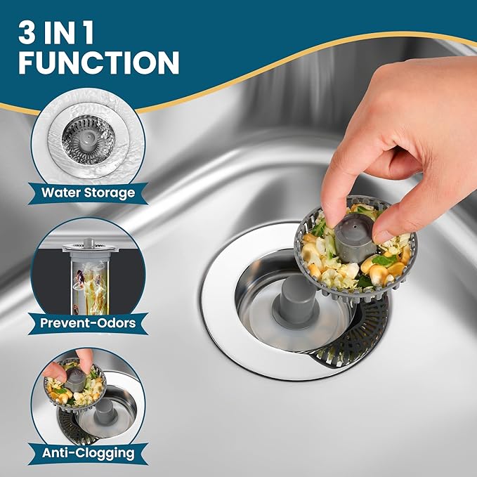 3 in 1 Kitchen Sink Strainer & Stopper, Pop Up Drain Plug for 3.5 Inch Sink – Anti-Clogging, Brass Core, Easy to Clean with Bonus Basket – Silver – DIKSEFN (Silver)