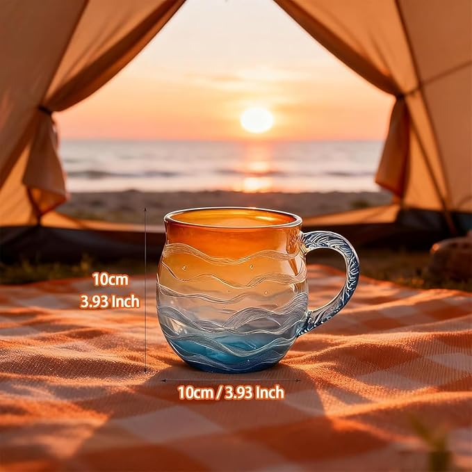 Golden Tide Mug,12 Oz/350ml Sea Glass Ocean Wave Mug,Handcrafted Oceans Frosted Wave Texture Sunset Cups with Handle,Gift for Ocean Lovers (2PCS)