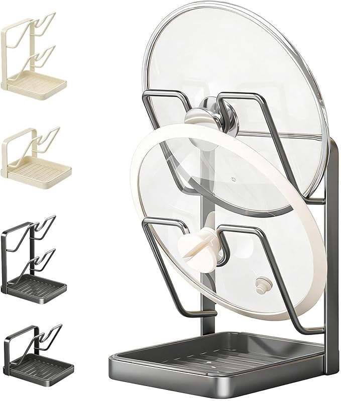 Kitchen Pot Lid Storage Rack, Pot Lid Holder While Cooking with Tray, Multifunctional Holder and Spoon Rest, Pot Lid Organizer Rack for Stove Top Countertop, Pot Keeper Collector (Gray-Double-layer)