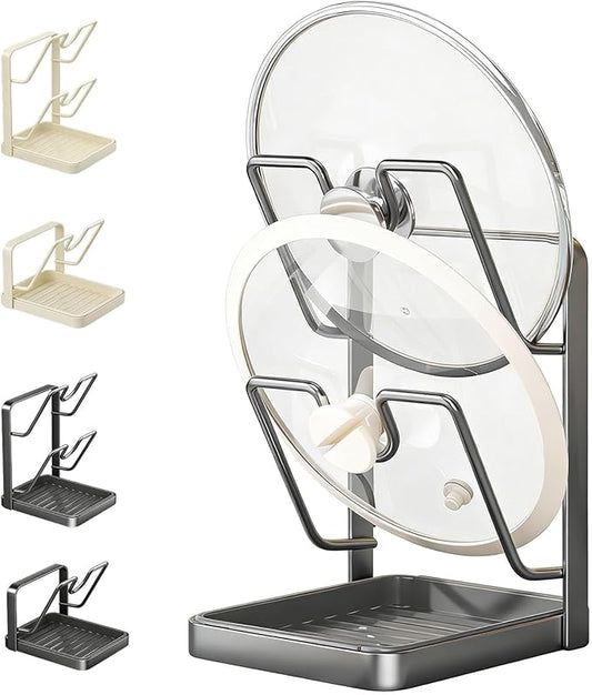 Kitchen Pot Lid Storage Rack, Pot Lid Holder While Cooking with Tray, Multifunctional Holder and Spoon Rest, Pot Lid Organizer Rack for Stove Top Countertop, Pot Keeper Collector (Gray-Double-layer)