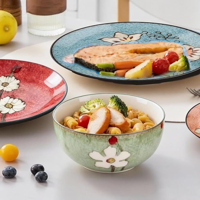 Stoneware 16-Piece Modern Dinnerware Set,Kitchen Plates Bowls and Mug Sets Serves 4,Dishwasher and Microwave Safe,4 colors (Service for 4(12Pcs))
