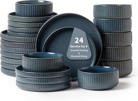 24 Piece Starry Blue Ceramic Dish Set,Plates and Bowls Set for 8,Dinnerware Sets for Hosting, Gifting & Everyday Serenity