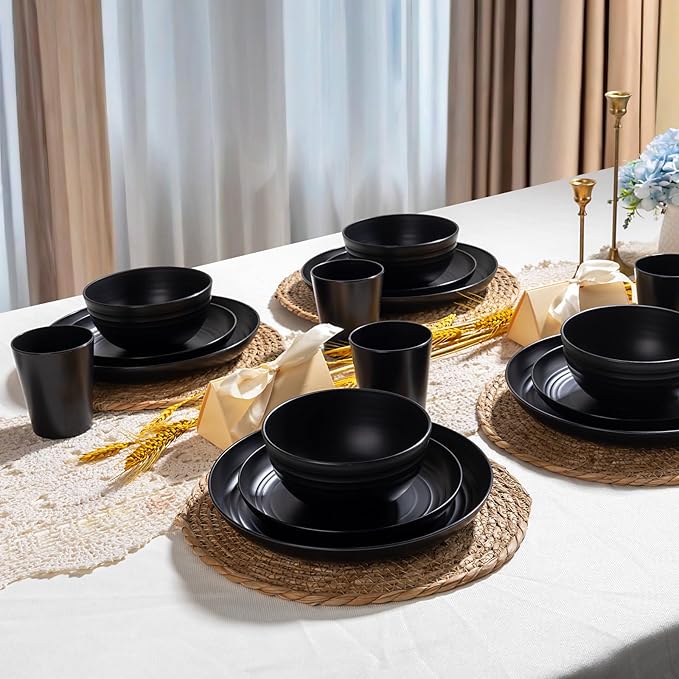 LIYH 24 Pcs Wheat Straw Dinnerware Sets Unbreakable Dinner Plates and Bowls Set Black Plastic Dinnerware Set Include 12Pcs Wheat Straw Plates 6Pcs Bowls 6Pcs Cups Dish Set for Kitchen&Camping