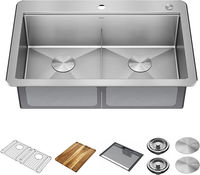 DELTA FAUCET 95A9032-T33D-SS Lorelai Workstation Kitchen Sink Drop-In Top Mount 16 Gauge Stainless Steel Double Bowl with WorkFlow Ledge and Chef’s Kit of 8 Accessories, 33 Inch