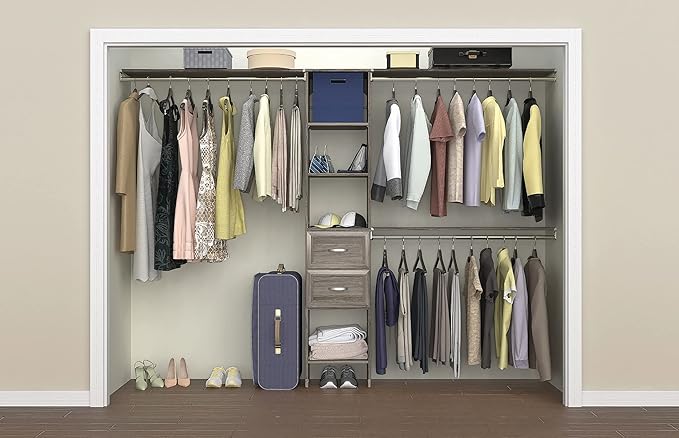 ClosetMaid SuiteSymphony Wood Closet Organizer Kit with Tower 3 Hang Rods, Top Shelves, 2 Drawers, Adjustable, Fits Spaces 5-9 ft. Wide, Graphite Grey