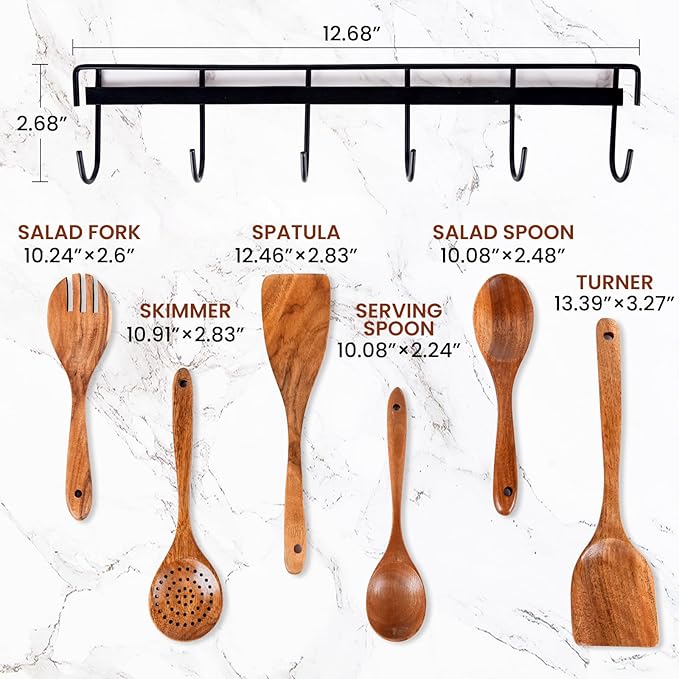 6x Wooden Spoons for Cooking Kitchen Utensil Set Smooth Finish Wooden Cooking Utensils Spoons Filter Spoon and Salad Fork Accessories+1x Kitchen Hooks for Hanging Utensils Rack