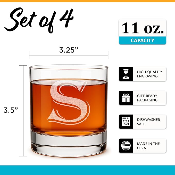 Monogrammed Gifts for Men - 4PC 11 Oz Custom Whiskey Glasses (S-Monogram) - Engraved Whiskey Glasses - Personalized Whiskey Glasses - Unique Bourbon Glasses - Personalized Glass Gifts for Dad