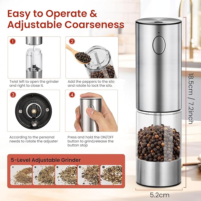 Electric Salt and Pepper Grinder Rechargeable with Light, Electric Salt and Pepper Shakers, Automatic & Adjustable Coarseness, Kitchen Gadgets, Stainless Steel