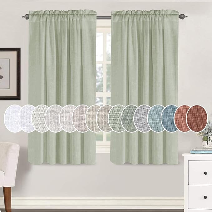 H.VERSAILTEX Sage Curtains 63 Inch Length for Boys Bedroom 2 Panel Rod Pocket Light Filtering Semi Translucent Cotton Textured Soft Linen Curtain for Living Room Dining Kitchen Farmhouse Kids Room