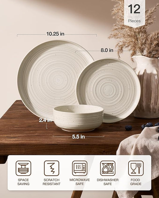 Stoneware Dinnerware Sets, Plate and Bowl Sets for 4, 12 Pieces Spiral Flared Dishware Set with Speckles & Reactive Glaze - Microwave and Dishwasher Safe Tableware, Shell Beige