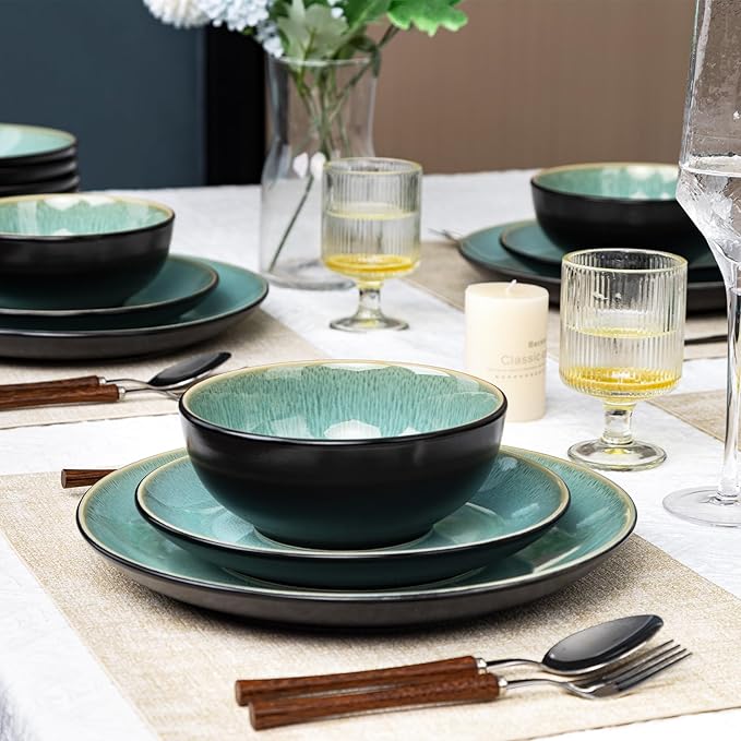 Plates and Bowls Sets for 4 - CJDC-QUELO 12-Piece Stoneware Dinnerware Sets, Ceramic Dishware Set for Kitchen Use and Formal Dining, Chip and Scratch Resistant Microwave Dishwasher Safe, Green