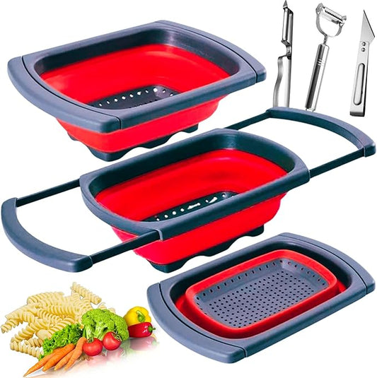 Collapsible Silicone Colander – Space-Saving Foldable Strainer for Pasta, Vegetables & Fruits – Large 6 Qt Kitchen Strainer, Heat-Resistant, BPA-Free & Dishwasher Safe |RED