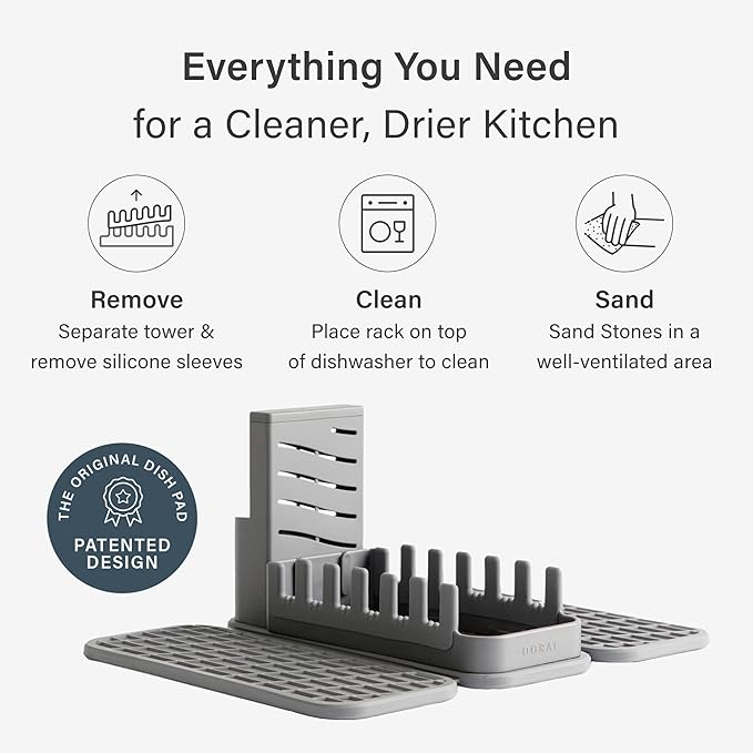Dorai Home Collapsible Dish Drying Rack and Stone Pad – Foldable Drying Rack with Instant-Dry Stone Mat – Space-Saving Collapsible Drainer for Kitchen Counter - 19.9" x 15.2" (Slate)