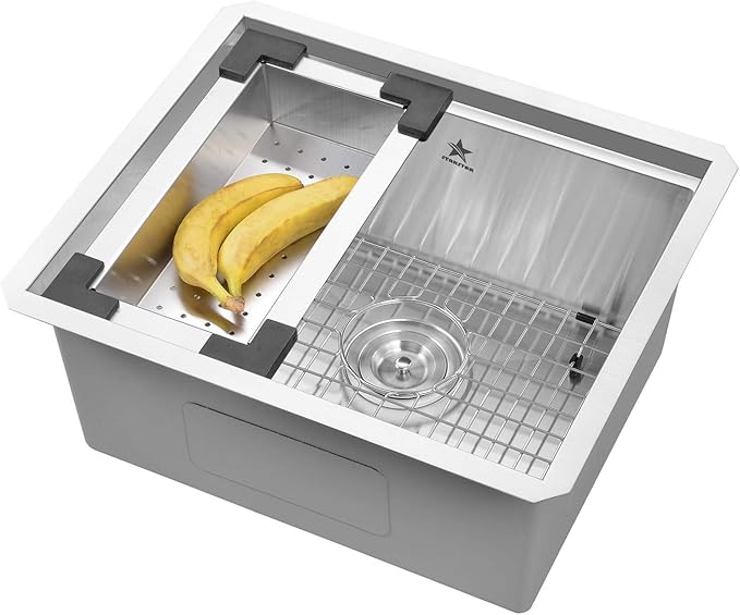 STARSTAR Workstation Ledge Undermount Single Bowl 304 Stainless Steel Kitchen Sink, With Grid, Colander, Cutting Board (23 x 19)