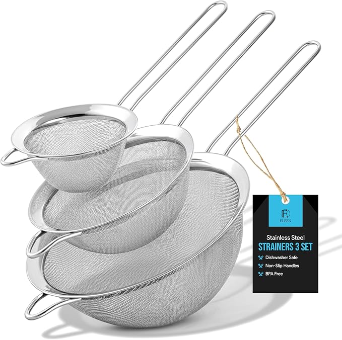 ELEEN Premium Stainless Steel Fine Mesh Strainers for Kitchen 3-Piece Set with Non-Slip Handle, Small, Medium & Large Sieves, Colanders and Sifter for Sifting, Straining, Pastas Tea, Rice Vegetables