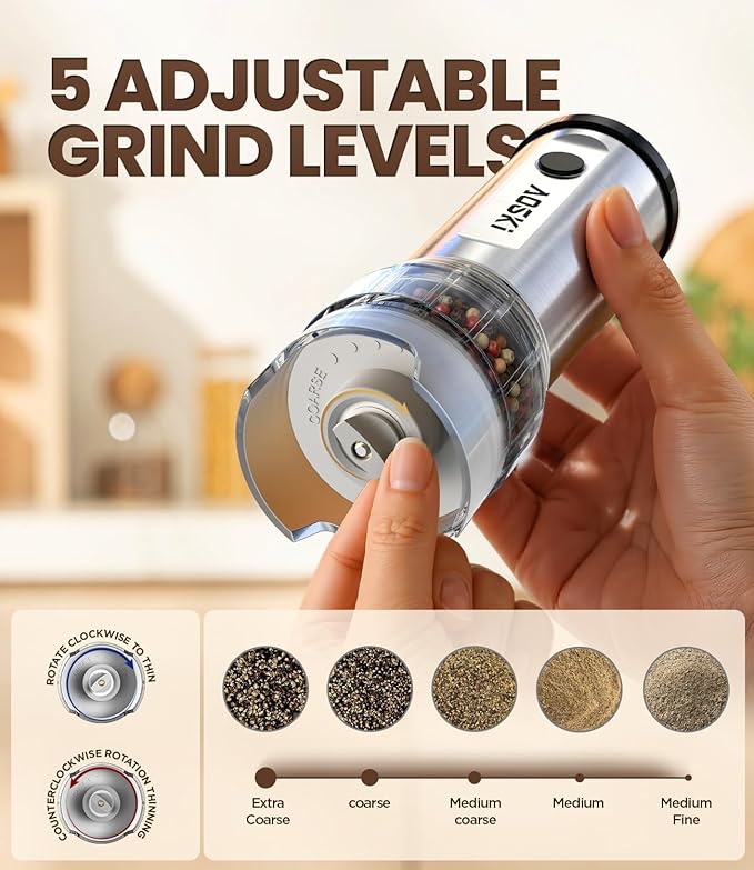 Electric Salt and Pepper Grinder Set: 2 Grinder + 4 Replaceable Jars - Stainless Steel & Separate Hoppers - For Gourmet Sessions - Prevents Spice Mixing for Foodies (2 Grinder + 4 Jars)