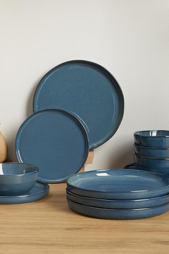 18 Piece Slate Blue Ceramic Plates and Bowls Set,Minimalist Dinnerware Sets for 6 – Dark Dish Set with Sculpted Edge for Modern Living