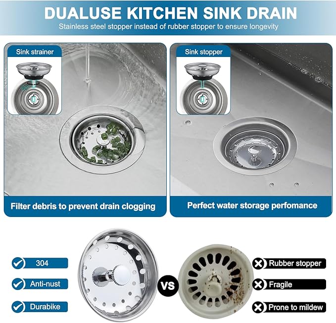 ZM Kitchen Sink Stainless Steel Basket Strainer with Drain Assembly, 3-1/2 Inch Sink Drain Stopper Plug