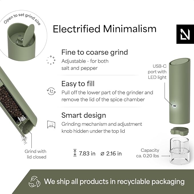 LARS NYSØM Gravity Grinder - Electric Salt & Pepper Grinder Set - USB-C Rechargeable Automatic Spice Grinder, Adjustable Coarseness, One-Handed Operation for Kitchen (Sage Green)